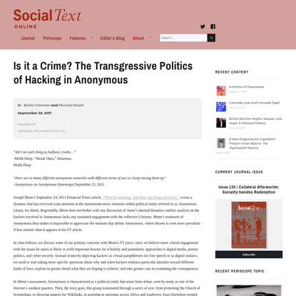 Is it a Crime? The Transgressive Politics of Hacking in Anonymous
