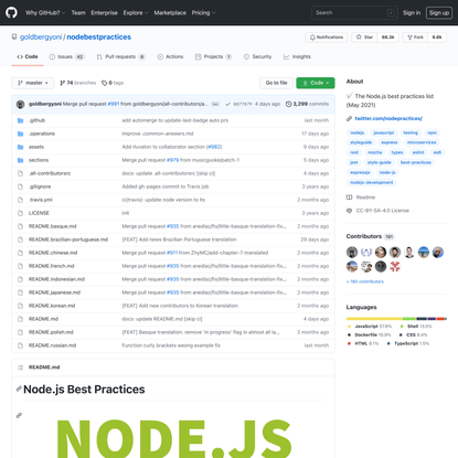 GitHub - goldbergyoni/nodebestpractices: The Node.js best practices list (May 2021)