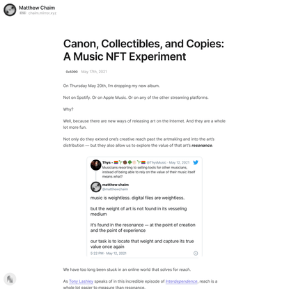 Canon, Collectibles, and Copies: A Music NFT Experiment — Mirror