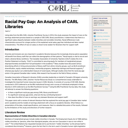 Racial Pay Gap: An Analysis of CARL Libraries | Li | College &amp; Research Libraries