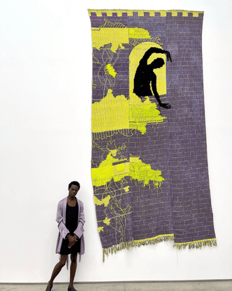 Diedrick Brackens, in lieu of locks and dreams, 180 x 84 inches, woven cotton and acrylic yarn, 2021