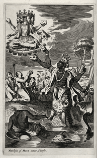 Vishnu in his incarnation as Matsya, the fish, has slain the danava demon who stole the sacred Veda texts from Brahma.