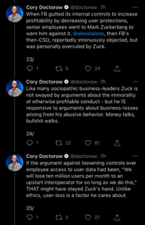 “Like many sociopathic business-leaders Zuck is not swayed by arguments about the immorality of otherwise profitable conduct - but he IS responsive to arguments about business-losses arising from his abusive behavior. Money talks, bullshit walks.”