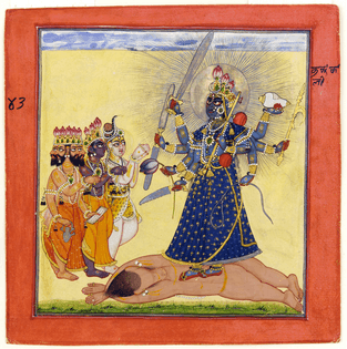 Goddess Bhadrakali worshipped by the three major gods of Hinduism, Brahma, Vishnu and Shiva
