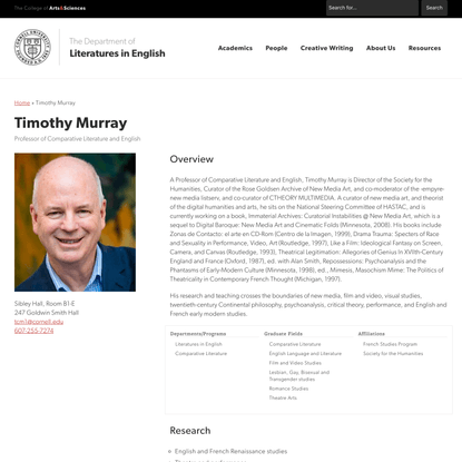 Timothy Murray | Department of Literatures in English Cornell Arts &amp; Sciences