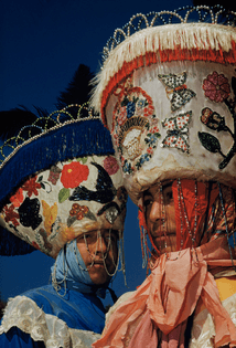 Portrait of two young men dressed up as chinelos for carnival in Tepotzotlan, Mexico, December 1951.Photograph by Justin Locke, National Geographic