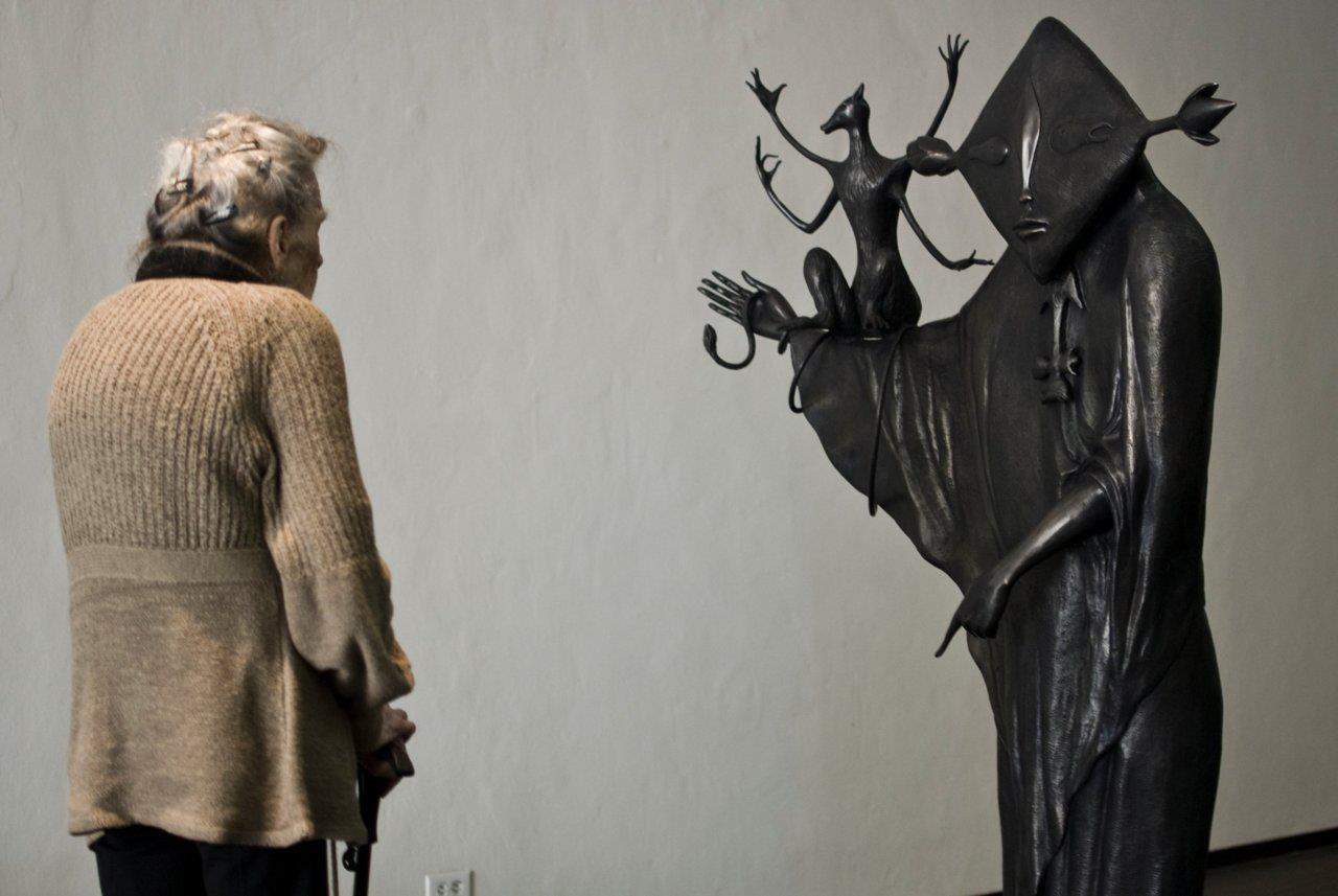 Leonora Carrington with one of her sculptures