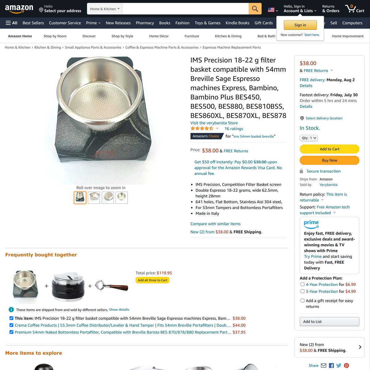 IMS Precision 1822 g filter basket compatible with 54mm Breville Sage