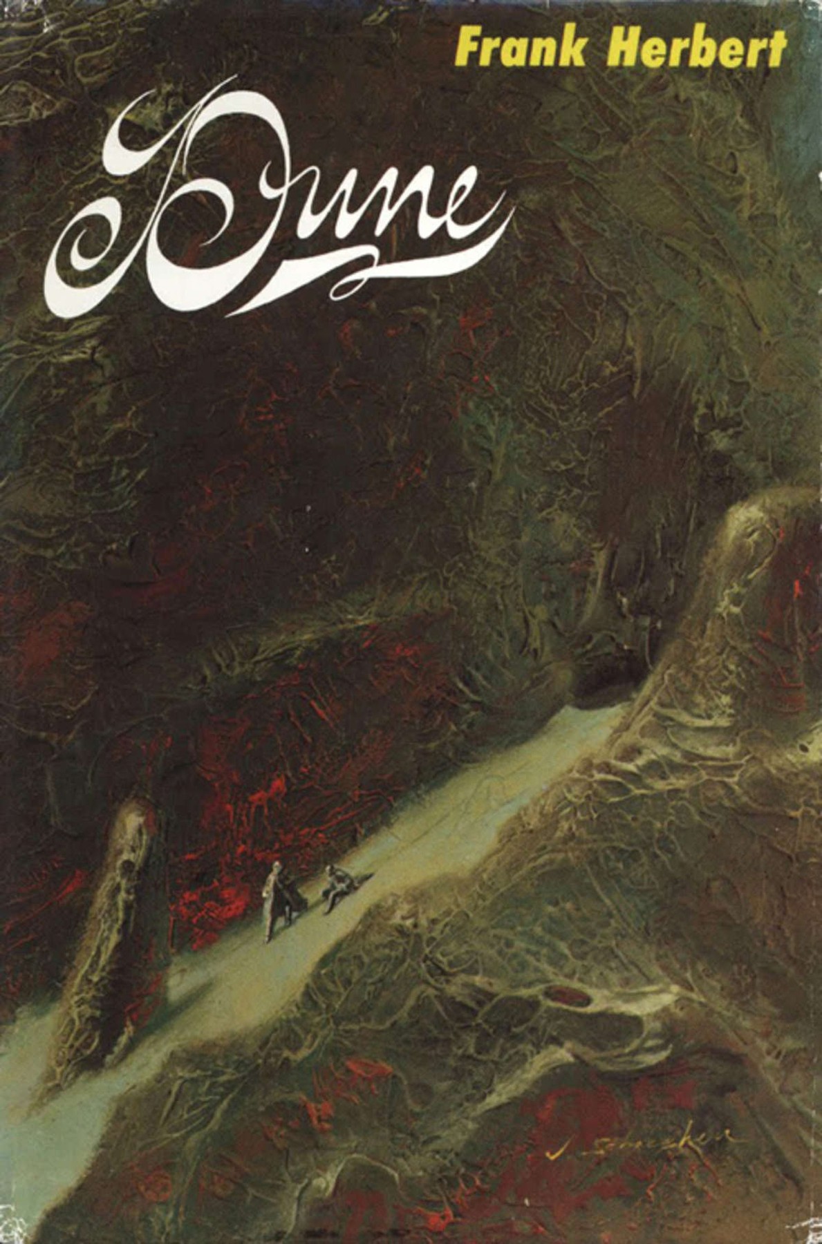 1965 Chilton Books hardcover first edition book cover of Dune by Frank Herbert, art by John Schoenherr