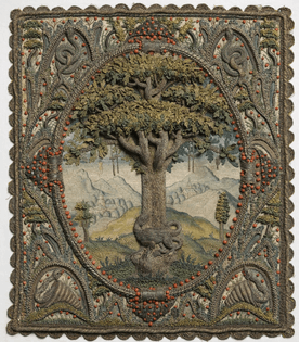 Panel of raised embroidery made of silk, metal wire, metal strips, coral beads, 17th C. [France?] - maker unknown.