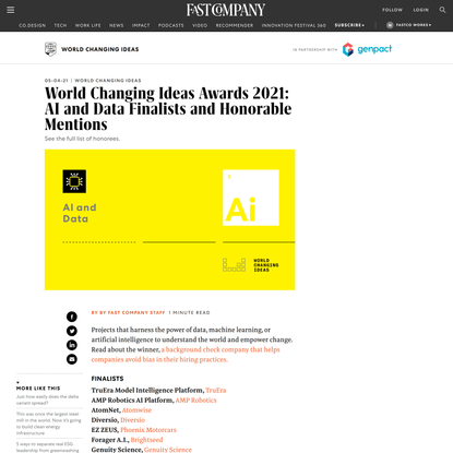World Changing Ideas Awards 2021: AI and Data Finalists and Honorable Mentions