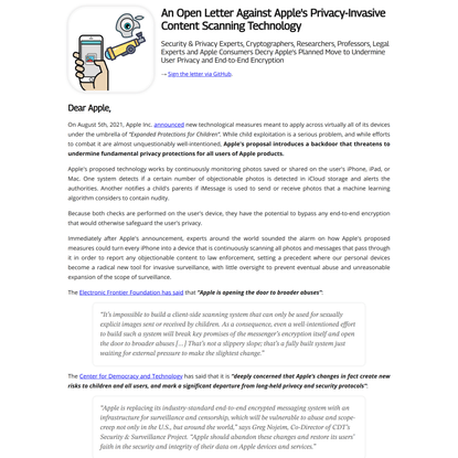 Apple Privacy Letter: An Open Letter Against Apple’s Privacy-Invasive Content Scanning Technology