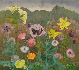 Cedric Morris (British, 1889-1982), Lillies and Poppies against a Mountain, 1969. Oil on canvas, 26 x 30 in.