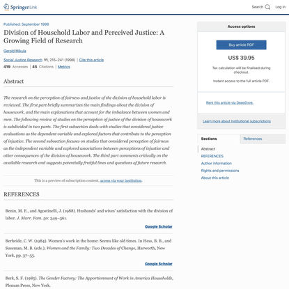 Division of Household Labor and Perceived Justice: A Growing Field of Research - Social Justice Research