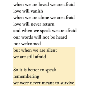 Audre Lorde, from “A Litany for Survival”, The Collected Poems of Audre Lorde