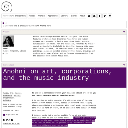 Anohni on Art, Corporations, and the Music Industry