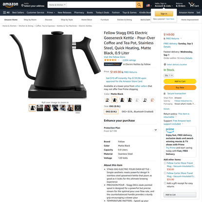 Fellow Stagg EKG Electric Gooseneck Kettle - Pour-Over Coffee and Tea Pot, Stainless Steel, Quick Heating, Matte Black, 0.9 ...