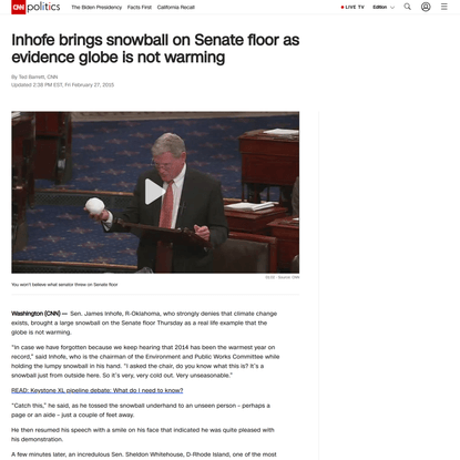 Inhofe brings snowball on Senate floor as evidence globe is not warming | CNN Politics