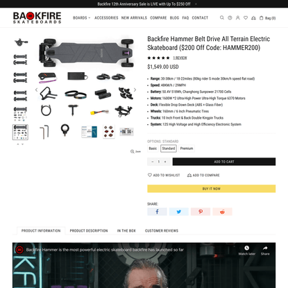Backfire Hammer Belt Drive All Terrain Electric Skateboard ($200 Off Code: HAMMER200)