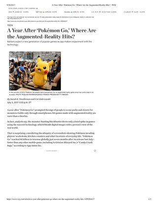 READ: "A Year After ‘Pokémon Go,’ Where Are the Augmented-Reality Hits?" by Sarah E. Needleman and Cat Zakrzewski 
