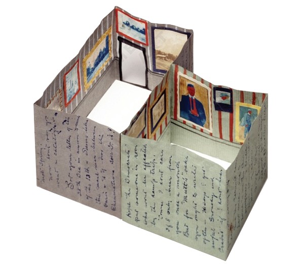 Letter from cartoonist Alfred Joseph Frueh to his wife Giuliette Fanciulli, sent on Jan. 10th, 1913. The letter opens up to form a model of a gallery hung with paintings. Frueh made this model to inform his wife about the details of a specific art gallery before her visit.