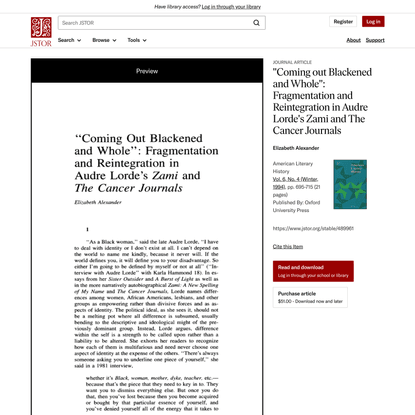 “Coming out Blackened and Whole”: Fragmentation and Reintegration in Audre Lorde’s Zami and The Cancer Journals on JSTOR