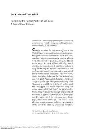 Reclaiming the Radical Politics of Self-Care: A Crip-of-Color Critique, by Jina B. Kim and Sami Schalk