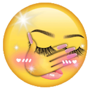 yellow (presumably iOS) emoji covering face; with bold brows, lashes, and pink nails