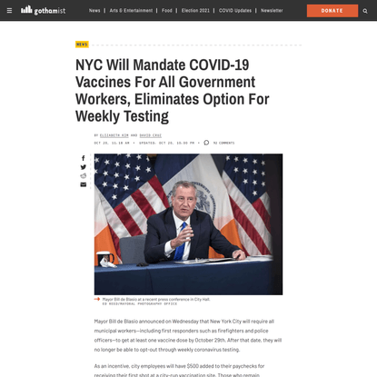 NYC Will Mandate COVID-19 Vaccines For All Government Workers, Eliminates Option For Weekly Testing