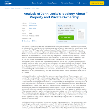 Analysis Of John Locke’s Ideology About Property And Private Ownership: [Essay Example], 1900 words
