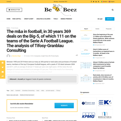 The m&amp;a in football, in 30 years 369 deals on the Big-5, of which 111 on the teams of the Serie A Football League. The anal