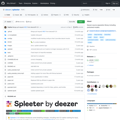 GitHub - deezer/spleeter: Deezer source separation library including pretrained models.