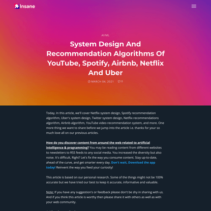 System Design And Recommendation Algorithms Of YouTube, Spotify, Airbnb, Netflix And Uber