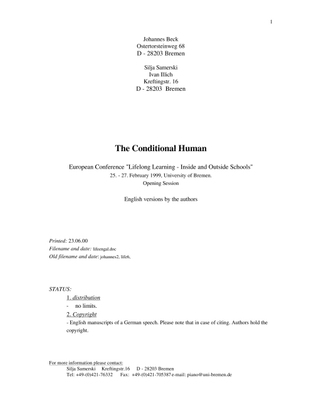 The Conditional Human, Johannes Beck, Silja Samerski, and Ivan Illich (1999) [1999_conditional_human.pdf]