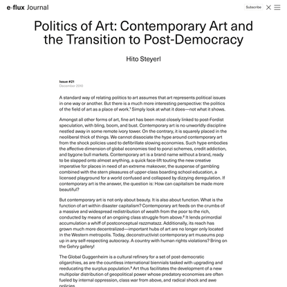 Politics of Art: Contemporary Art and the Transition to Post-Democracy - Journal #21 December 2010 - e-flux