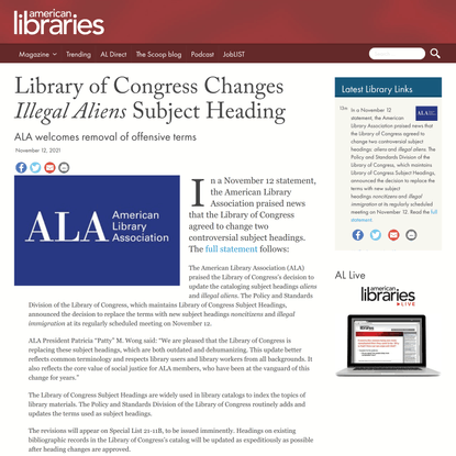 Library of Congress Changes Illegal Aliens Subject Heading | American Libraries Magazine
