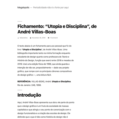 Fichamento: “Utopia e Disciplina”, de André Villas-Boas – Megalopolis