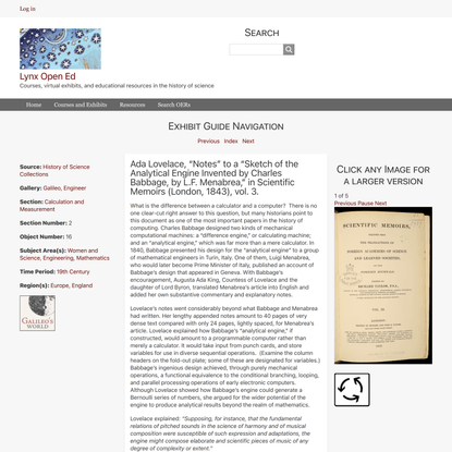 Ada Lovelace, “Notes” to a “Sketch of the Analytical Engine Invented by Charles Babbage, by L.F. Menabrea,” in Scientific Me...