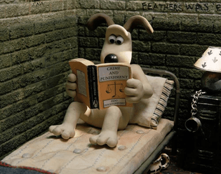Gromit reading Crime and Punishment by Fido Dogstoyevsky in prison.