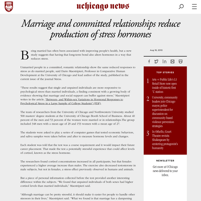 Marriage and committed relationships reduce production of stress hormones