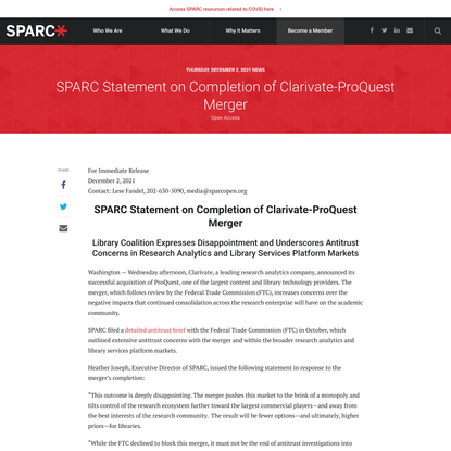 SPARC Statement on Completion of Clarivate-ProQuest Merger - SPARC