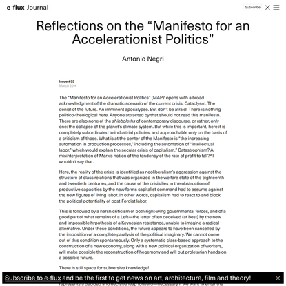 Reflections on the “Manifesto for an Accelerationist Politics” - Journal #53 March 2014 - e-flux
