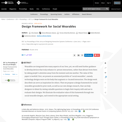 Design Framework for Social Wearables | Proceedings of the 2019 on Designing Interactive Systems Conference