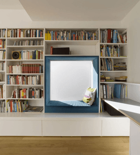 window seat in bookshelf
