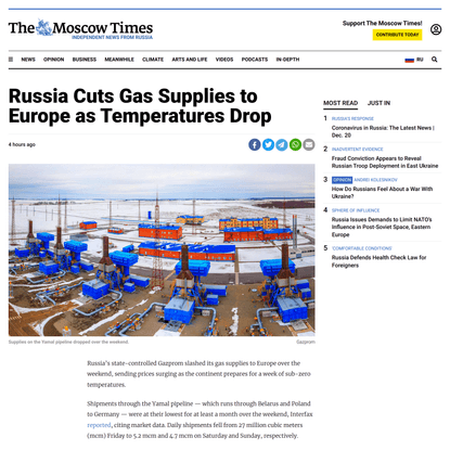 Russia Cuts Gas Supplies to Europe as Temperatures Drop - The Moscow Times