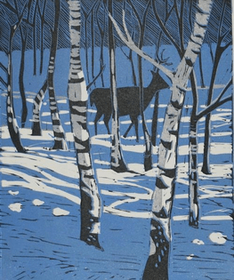 “’Stag in the birches’  by printmaker Celia Lewis”