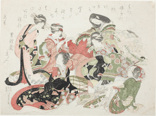 Katsushika Hokusai, Six women seated around a bird cage (1823)