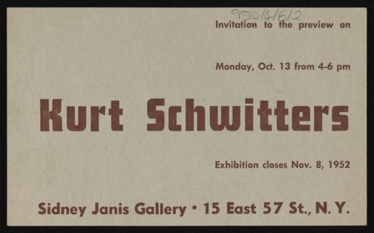Invitation to a preview of Schwitters’ exhibition at the Sidney Janis Gallery, 1952