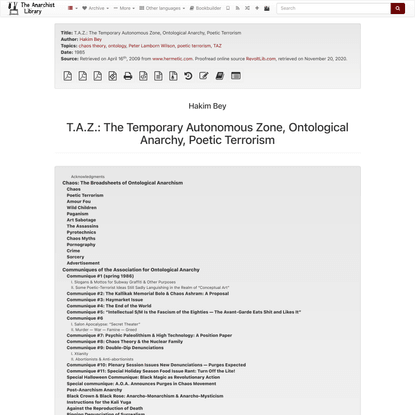 T.A.Z.: The Temporary Autonomous Zone, Ontological Anarchy, Poetic Terrorism