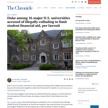 Duke among 16 major U.S. universities accused of illegally colluding to limit student financial aid, per lawsuit